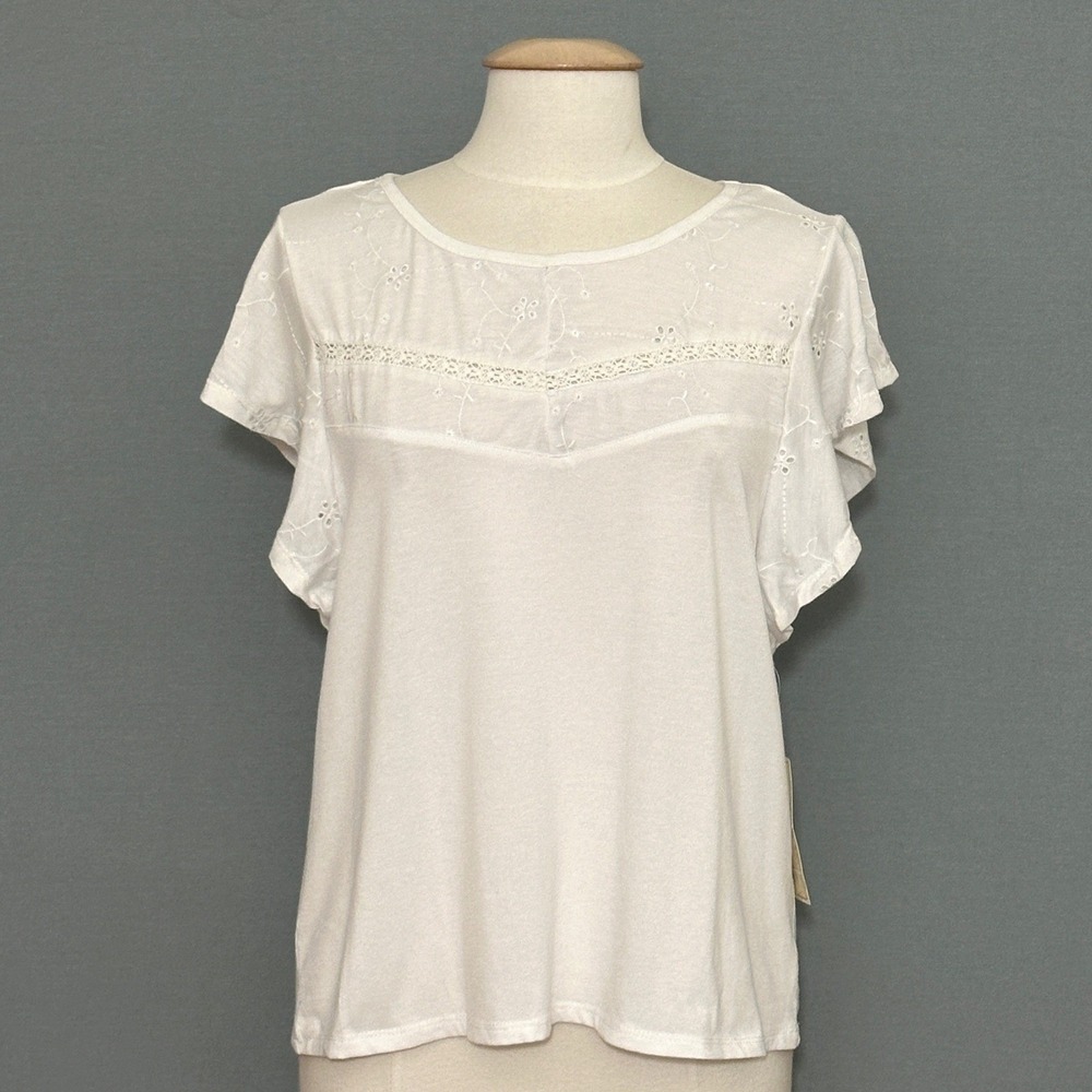 French Laundry Women Top L White Eyelet Knit Feminine Boho Romantic Coastal Chic